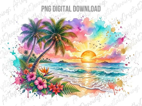 Download Tropical Sunset Beach Watercolor PNG - Sunset Collection