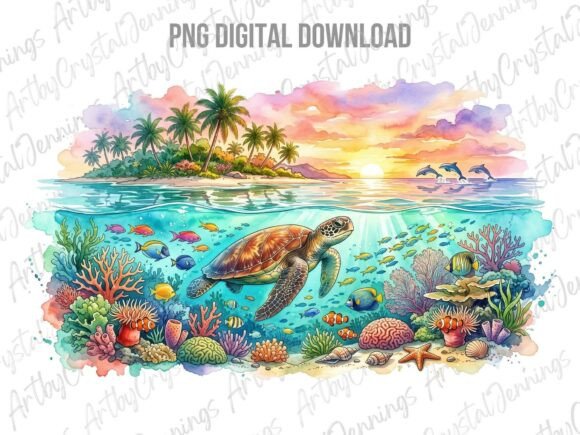 Download Tropical Sea Turtle Sunset Art PNG - Sunset Collection